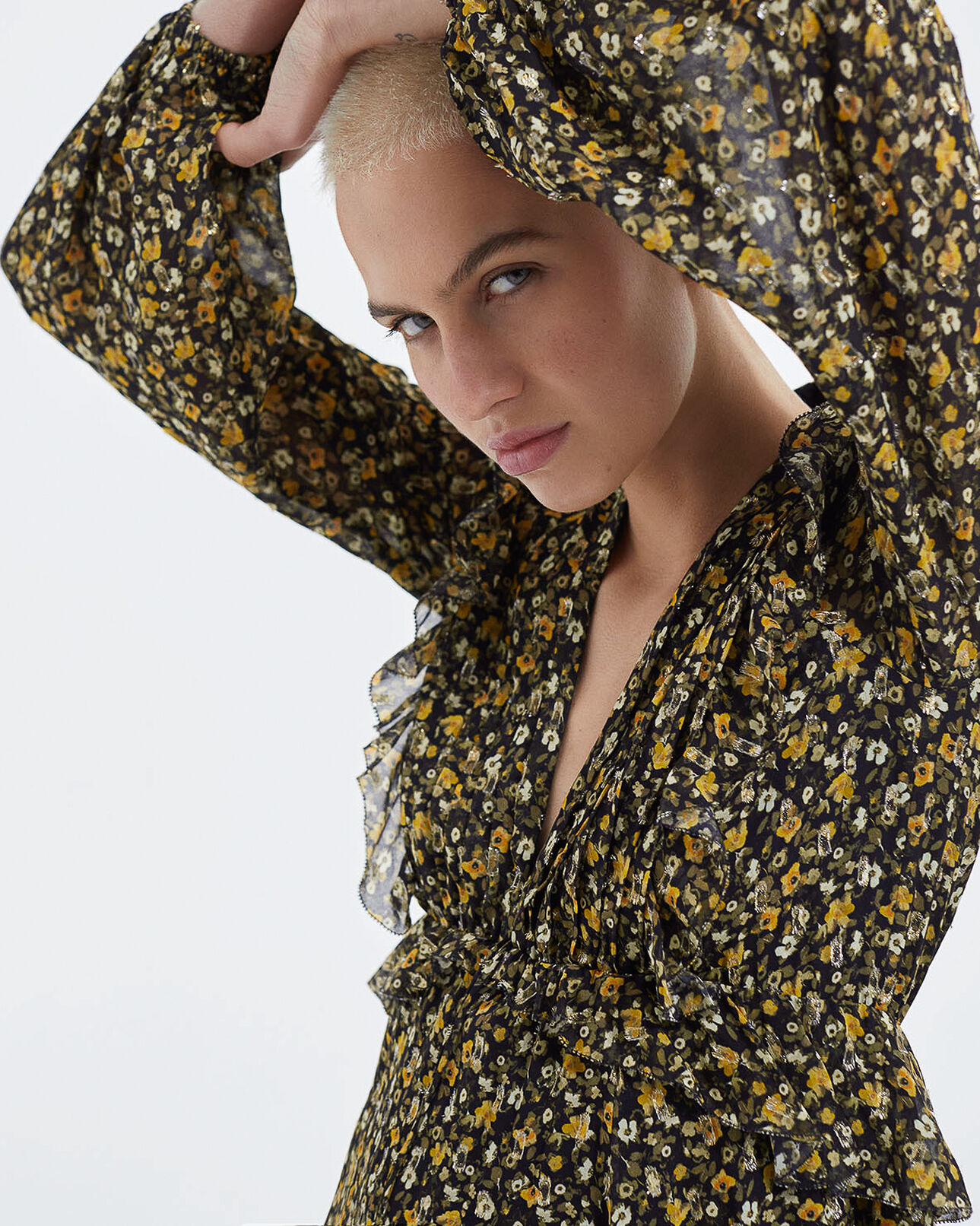 The Kooples FEMME BLACK-ORANGE robe courte volants noire et jaune argentés