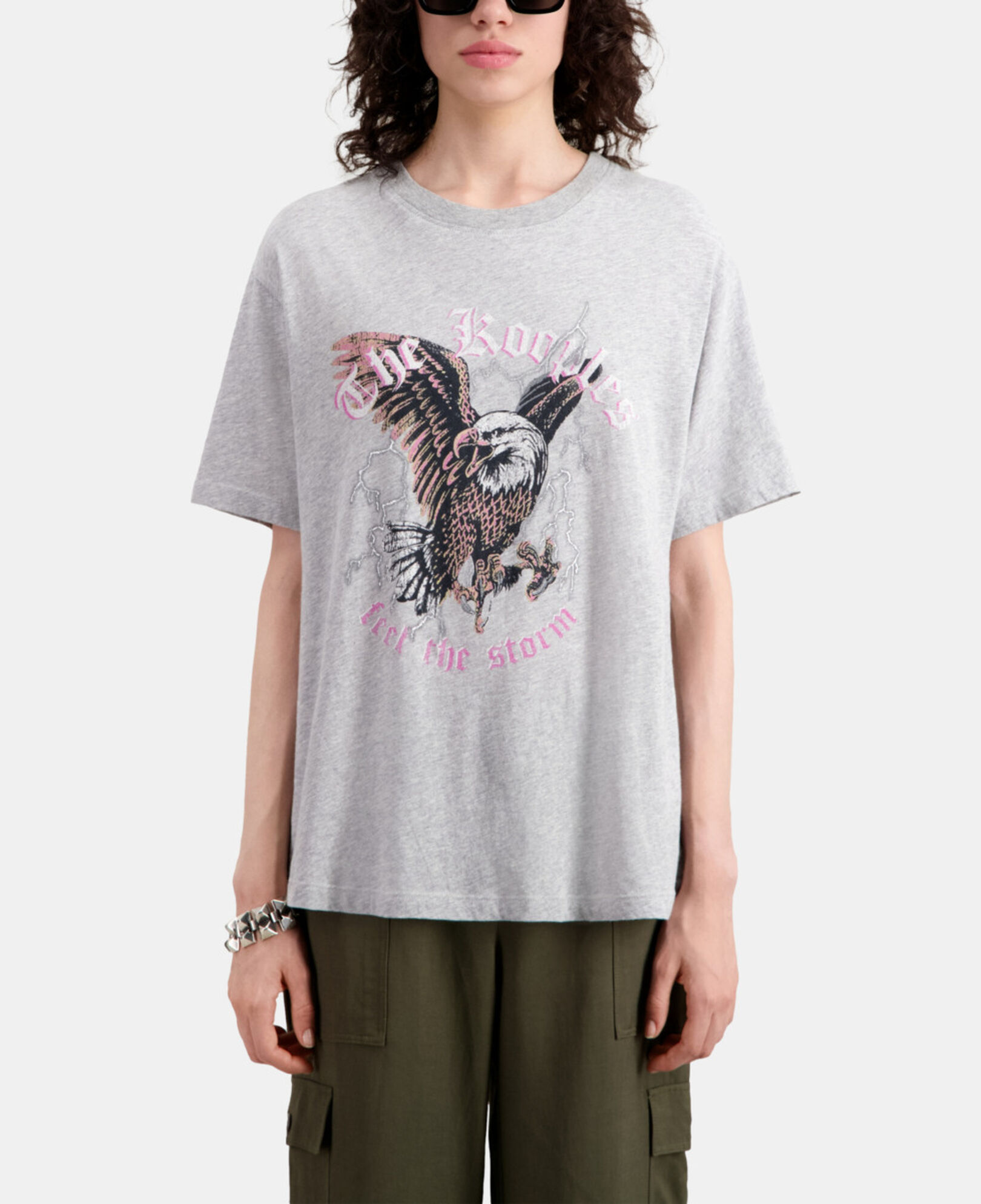 The Kooples FEMME GRIS CLAIR t-shirt femme gris avec sérigraphie feel the storm