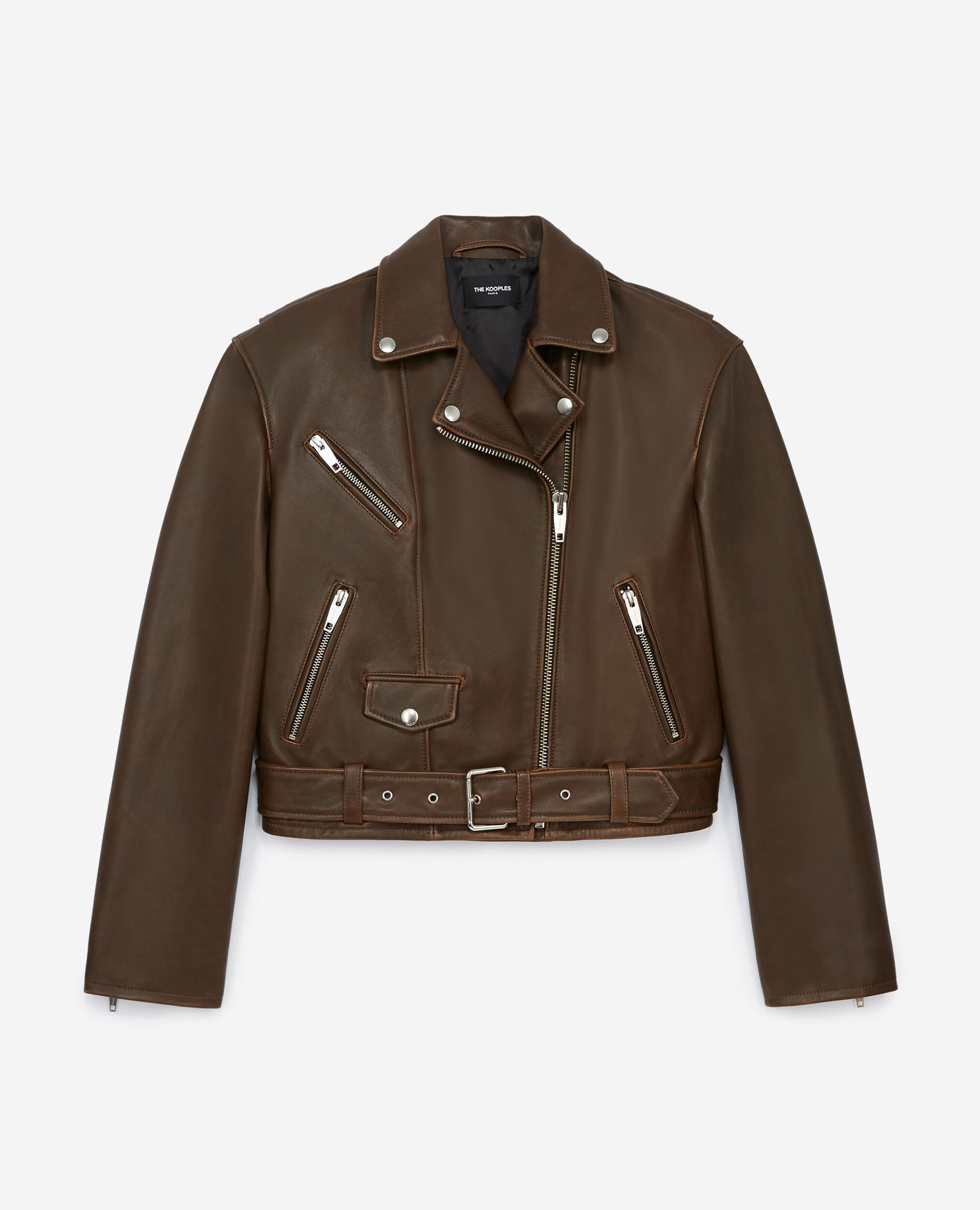 Zipped brown aged-effect leather jacket, BLACK VINTAGE, hi-res image number null