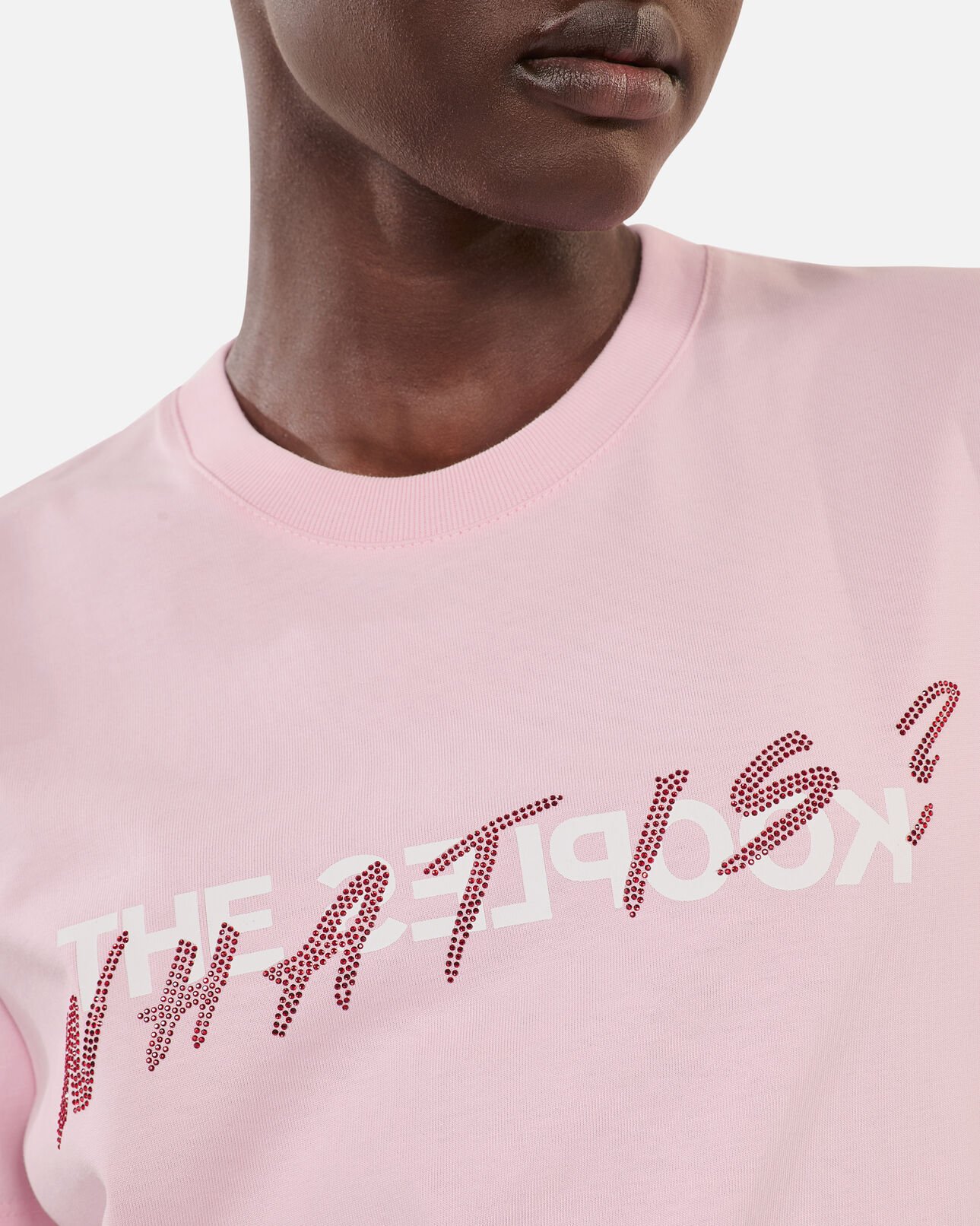 The Kooples DAMEN POWDER PINK rosa t-shirt „what is“ mit strassbesatz