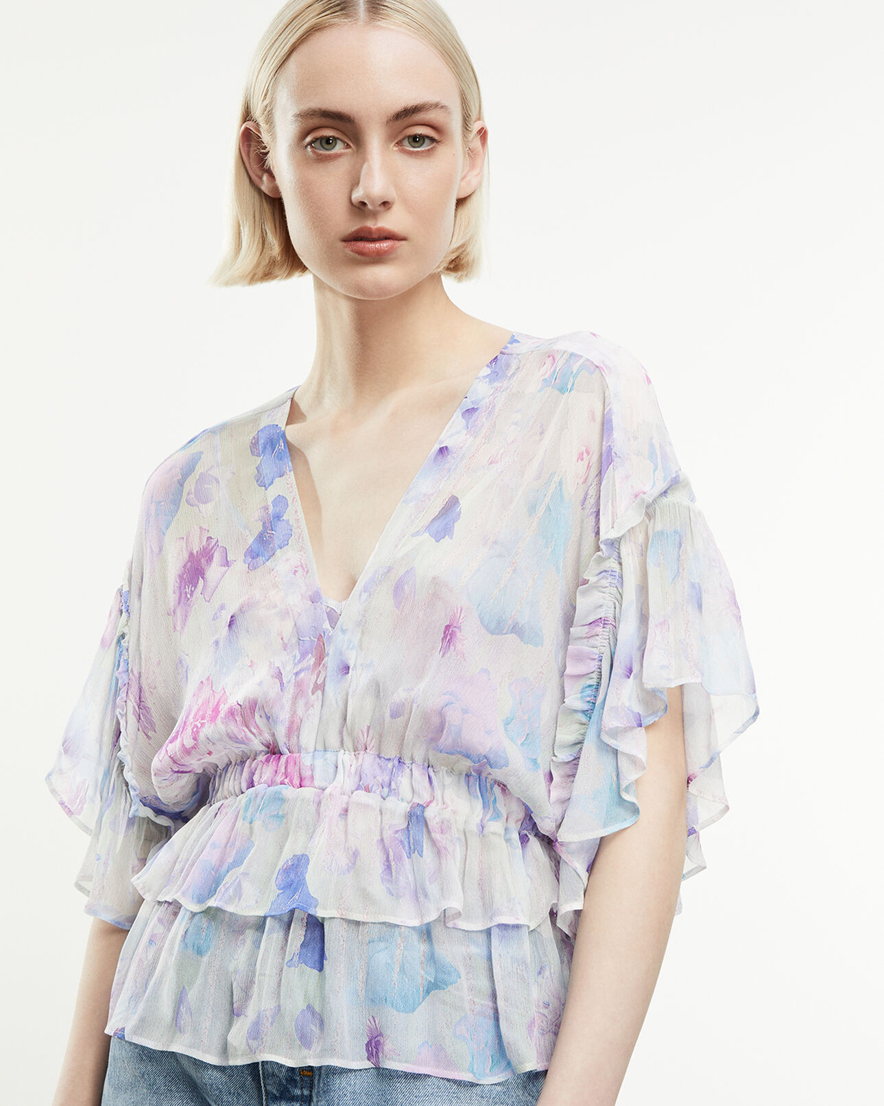 The Kooples WOMEN WHITE / LAVENDER printed top with shoulder straps