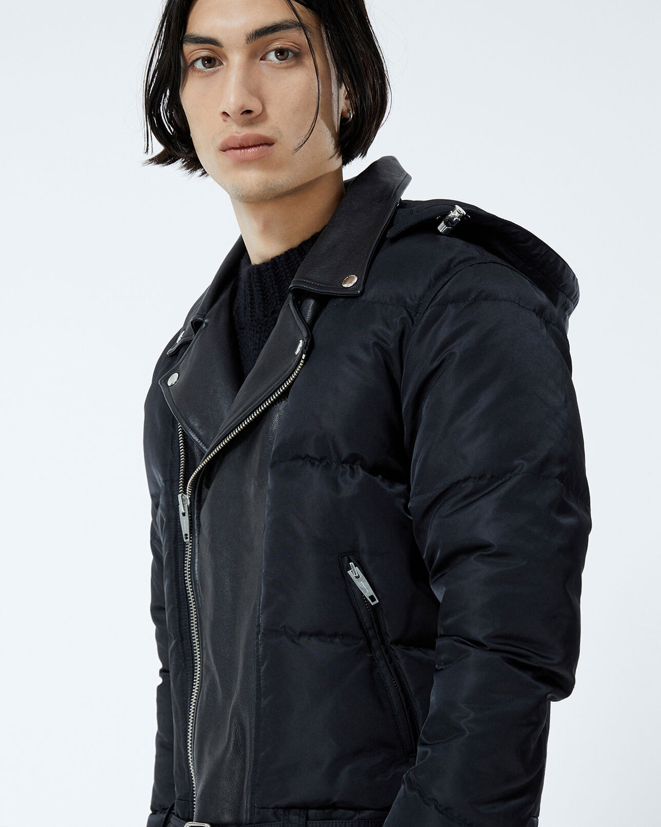 The Kooples MEN BLACK quilted black down jacket with leather detail