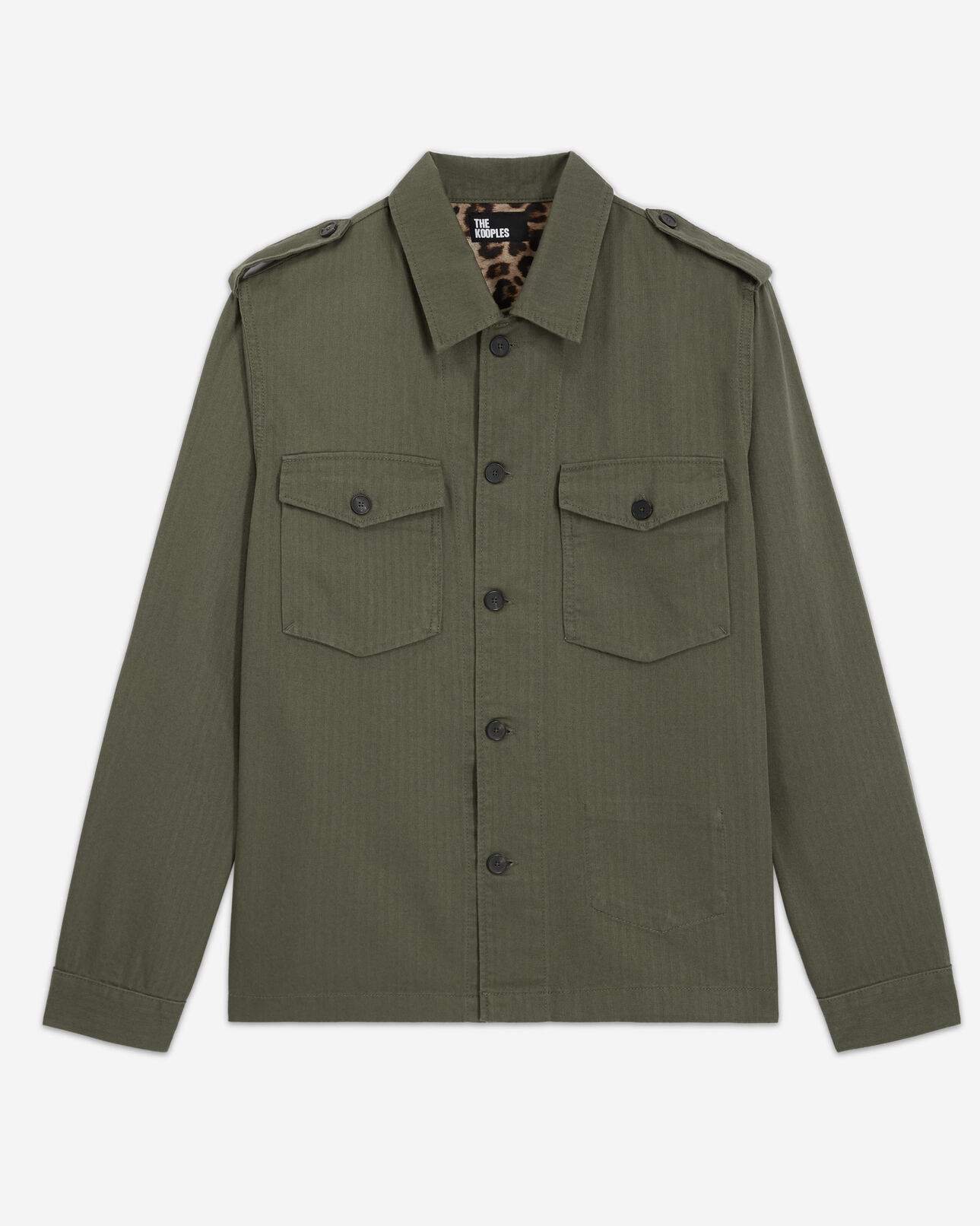 The Kooples MEN OLIVE NIGHT khaki shirt with leopard lining