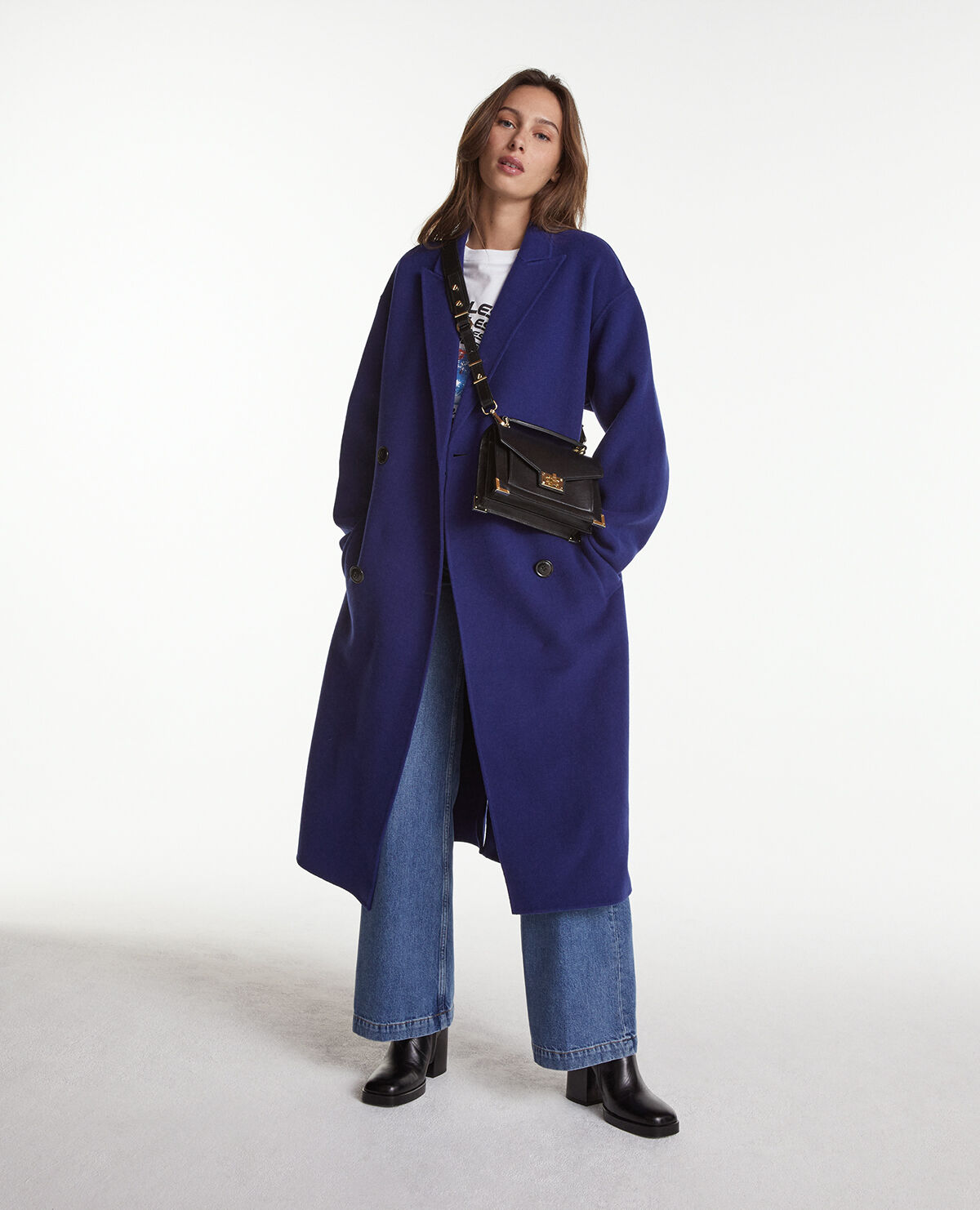 Oversized double faced blue wool coat