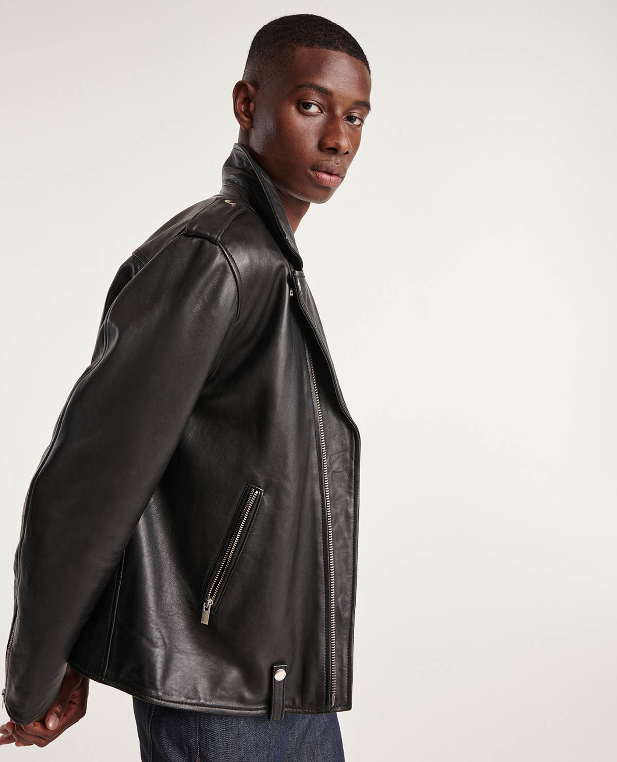 Zipped black leather biker jacket, BLACK, hi-res image number null