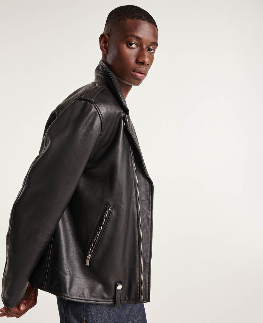 Zipped black leather biker jacket | The Kooples - US