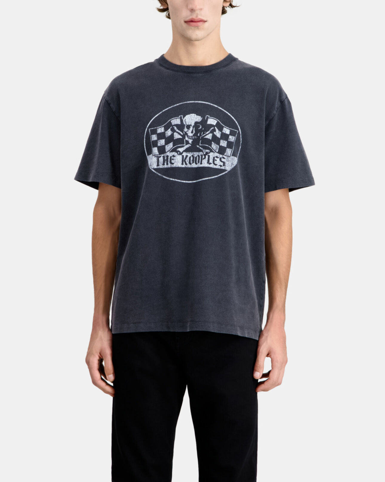 The Kooples HERREN BLACK WASHED schwarzes t-shirt herren mit racing-skull-siebdruck