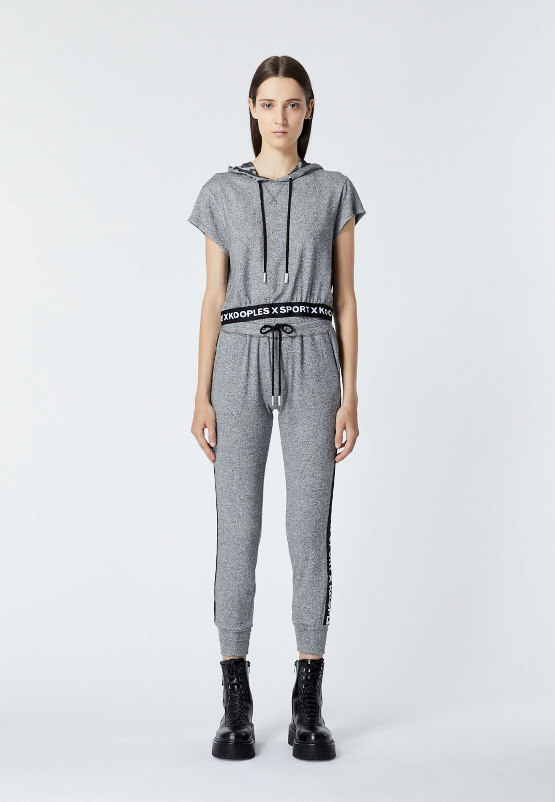 Grey jogging suit with logo stripes