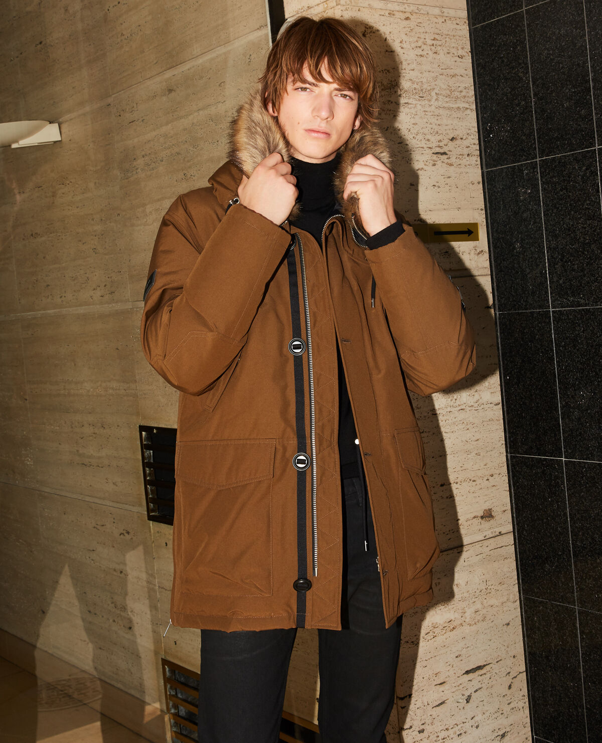 Camel parka with faux fur hood