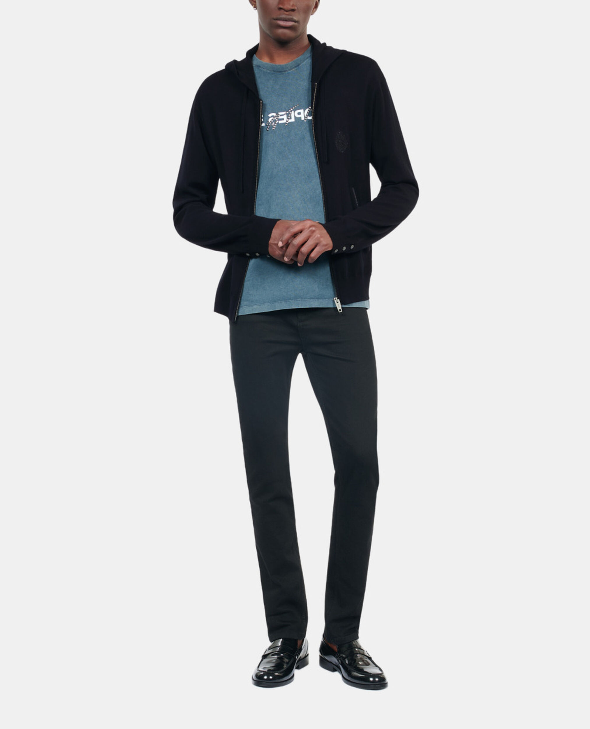 Black wool hooded cardigan, BLACK, hi-res image number null