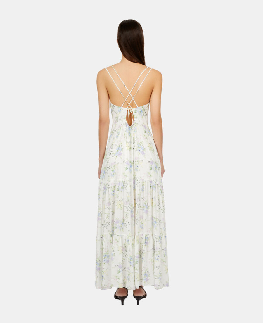The Kooples FEMME LIGHT BLUE/WHITE robe longue fleurie avec laçage