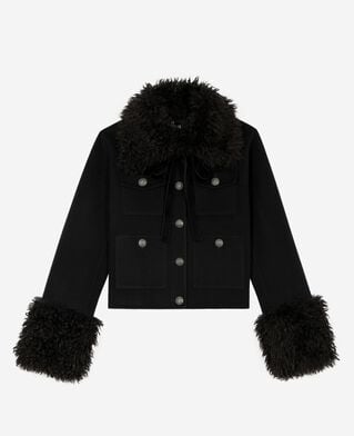 The Kooples F BLACK short black wool jacket with sherpa collar