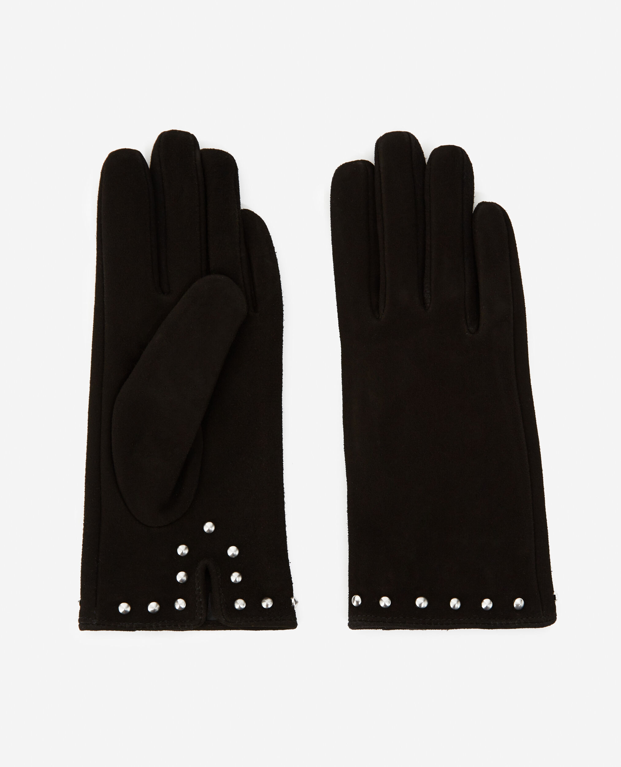 Suede black leather gloves with silver studs, BLACK, hi-res image number null