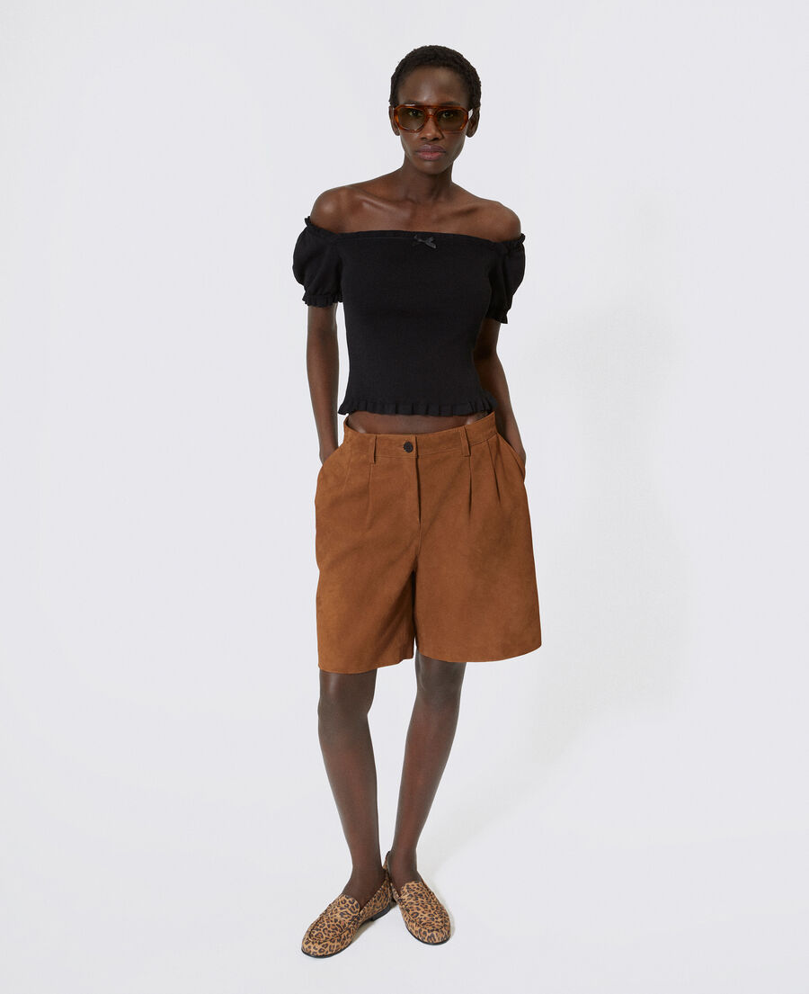 The Kooples FEMME CAMEL bermuda &agrave; pinces en cuir su&egrave;de camel