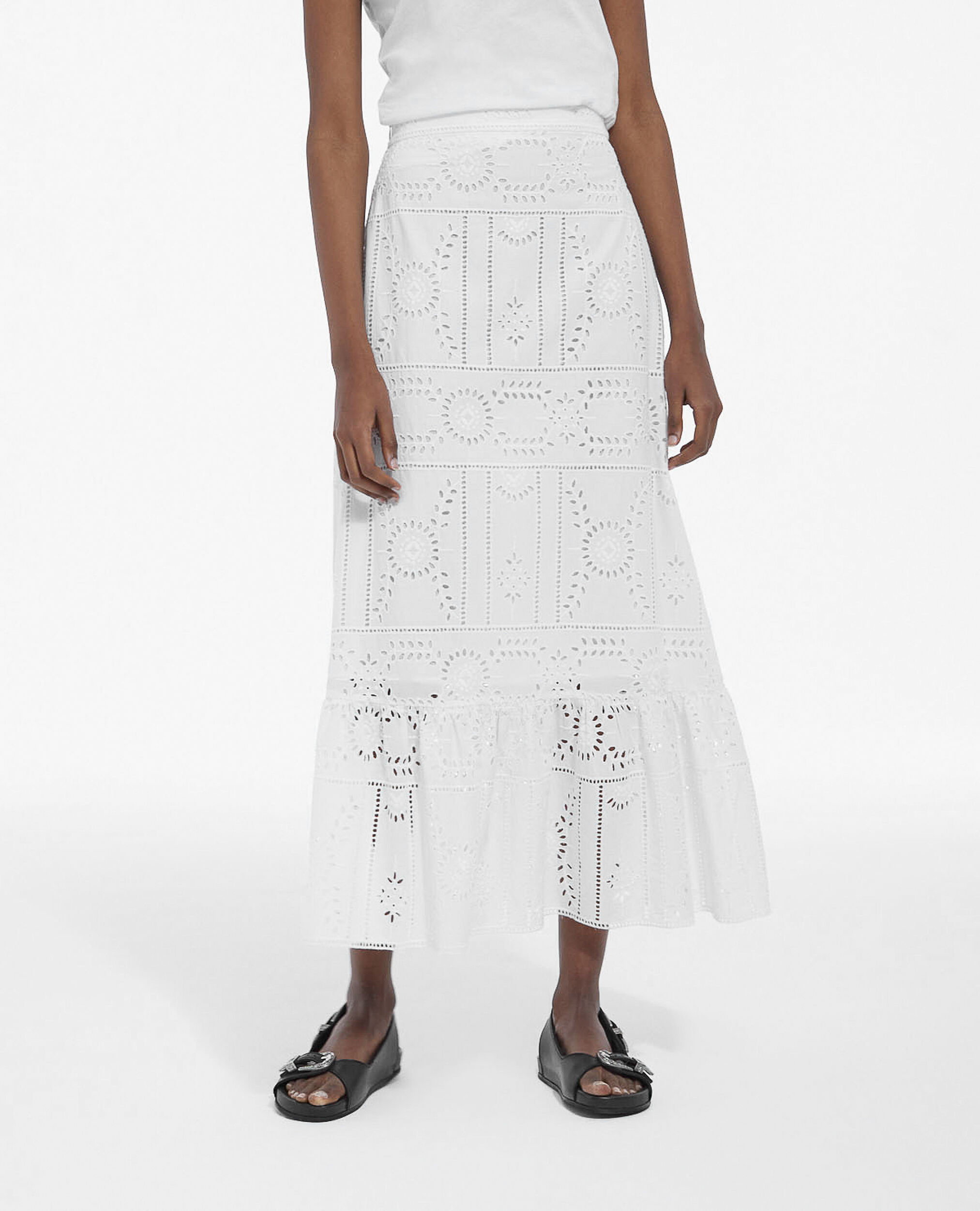 Flowing white cotton long skirt w/ embroidery, WHITE, hi-res image number null
