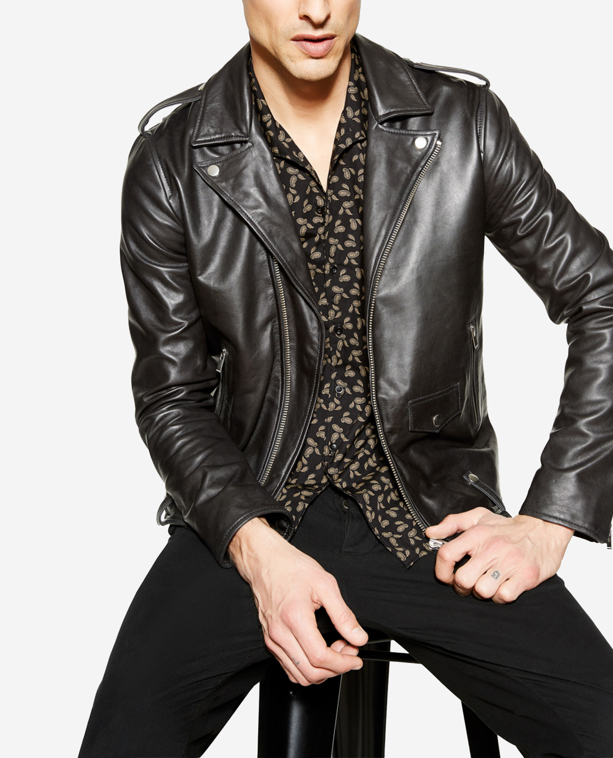 Zipped black leather biker jacket The Kooples US