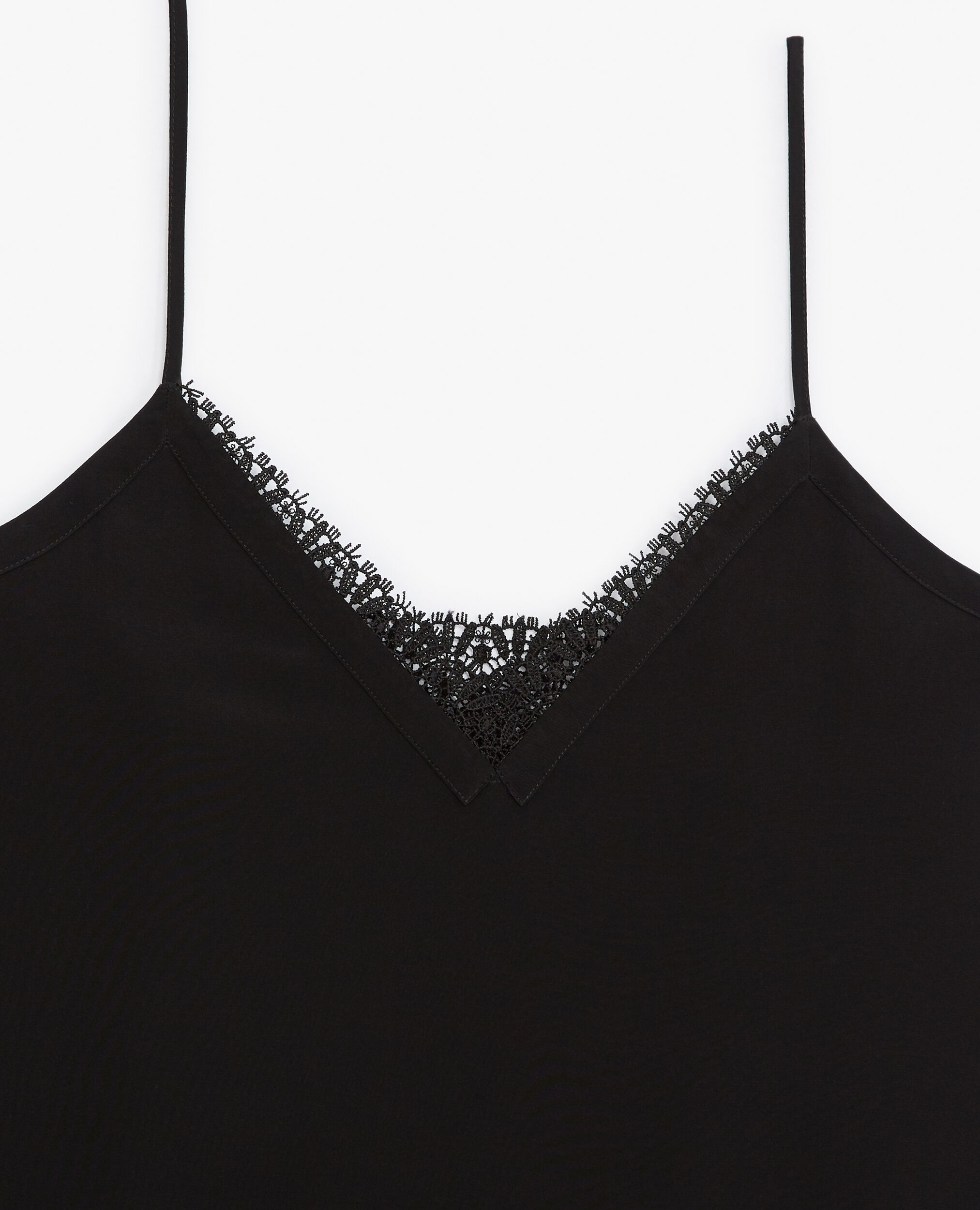 Black silk camisole with V-neck and lace back, BLACK, hi-res image number null