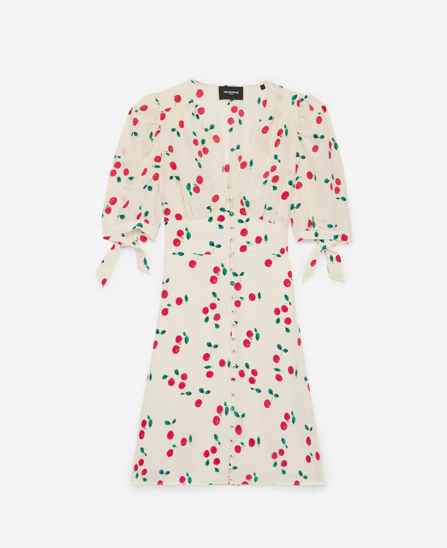 silk short printed ecru dress with cherries