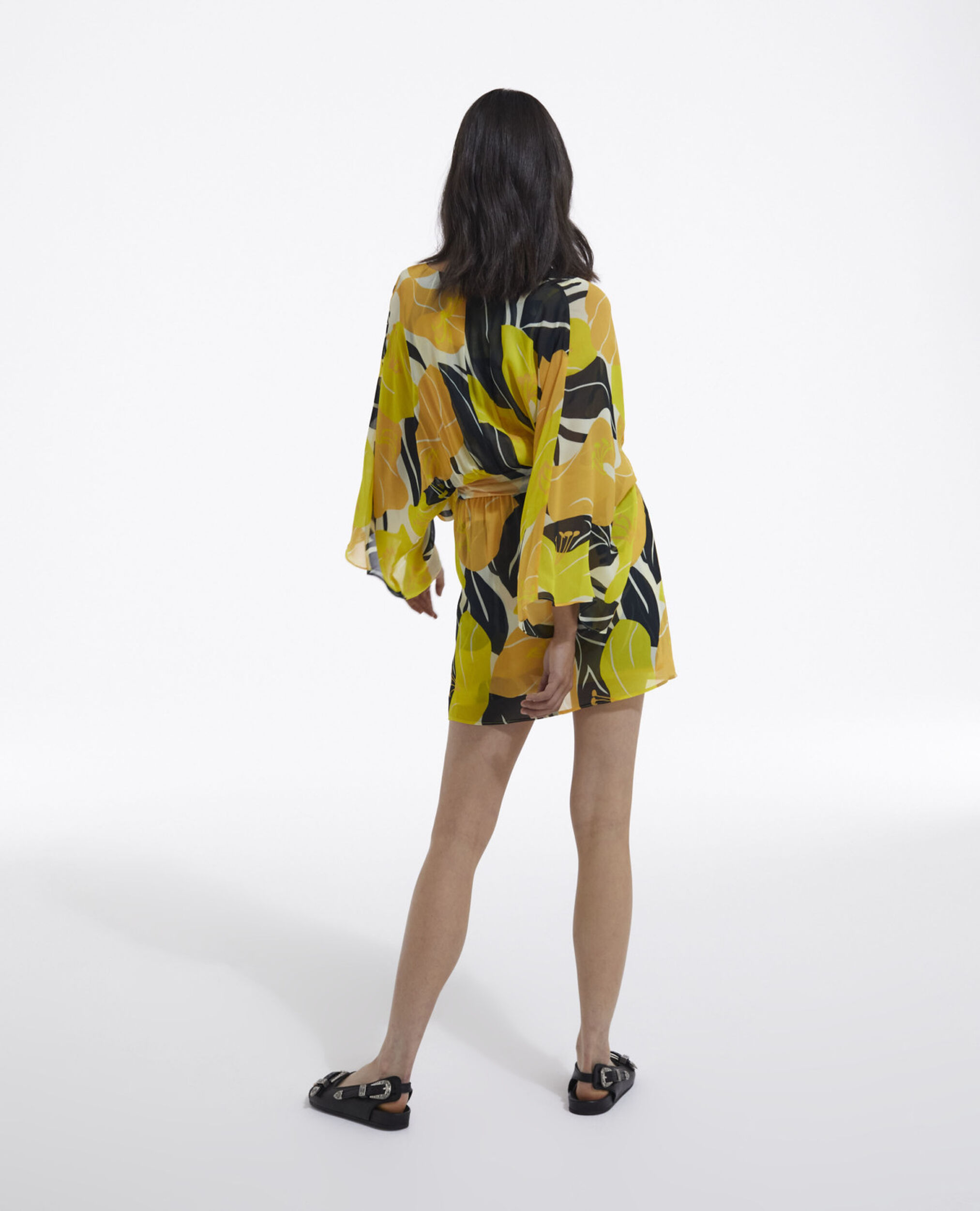 Light printed kimono dress with belt, YELLOW, hi-res image number null