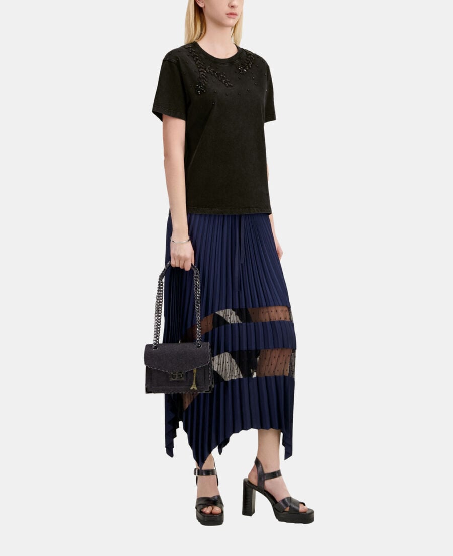 The Kooples F BLACK WASHED black t-shirt with bijou embroidery