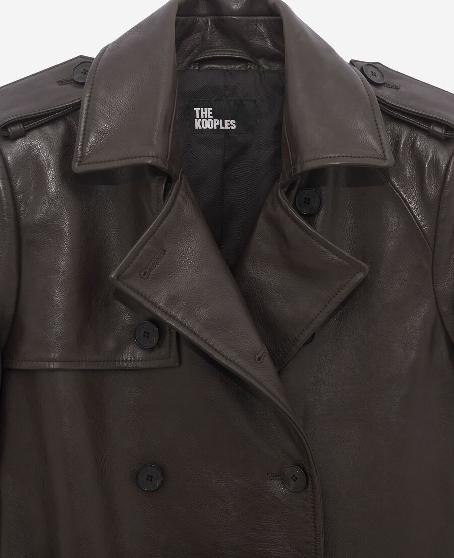 The Kooples MUJER DARK BROWN MELANGE gabardina larga de cuero marrón