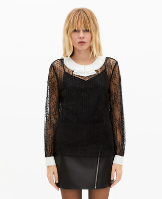 The Kooples WOMEN BLACK plumetis lace top with black rhinestones