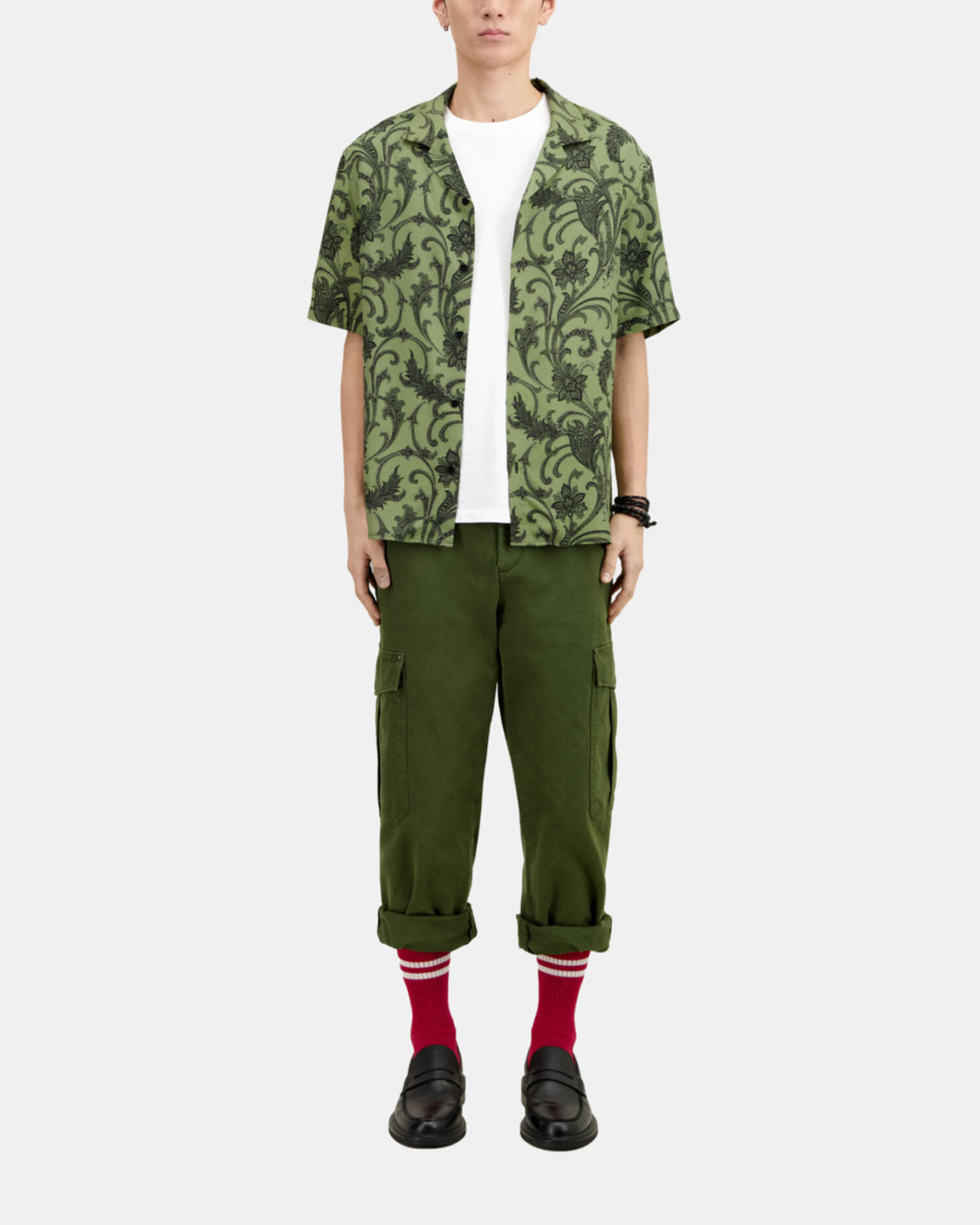 Chemise manches courtes fleurie, KAKI BLACK, hi-res image number null