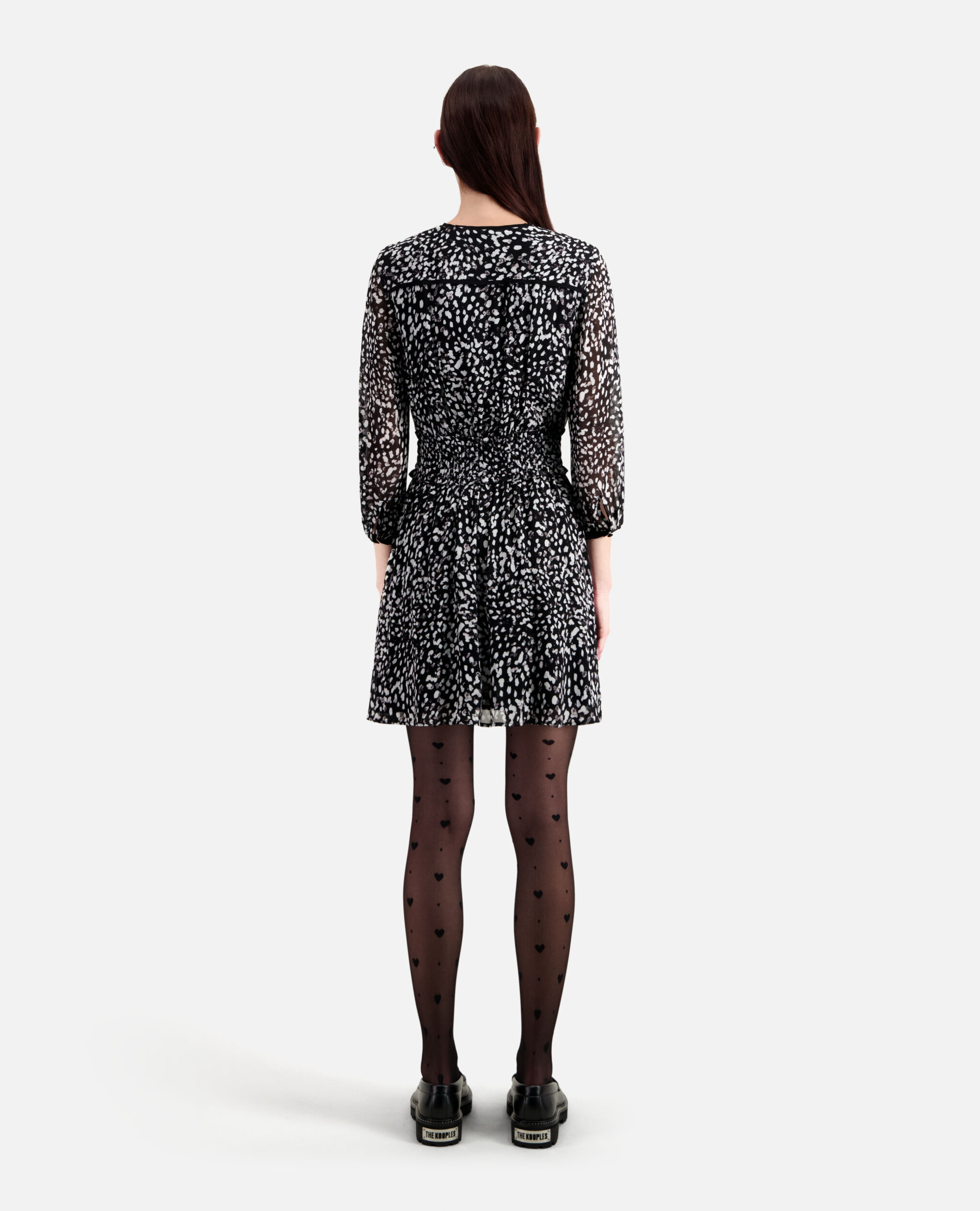 Kurzes Kleid mit Print und gesmokten Details, BLACK WHITE, hi-res image number null