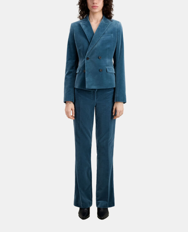 veste tailleur bleue courte en velours