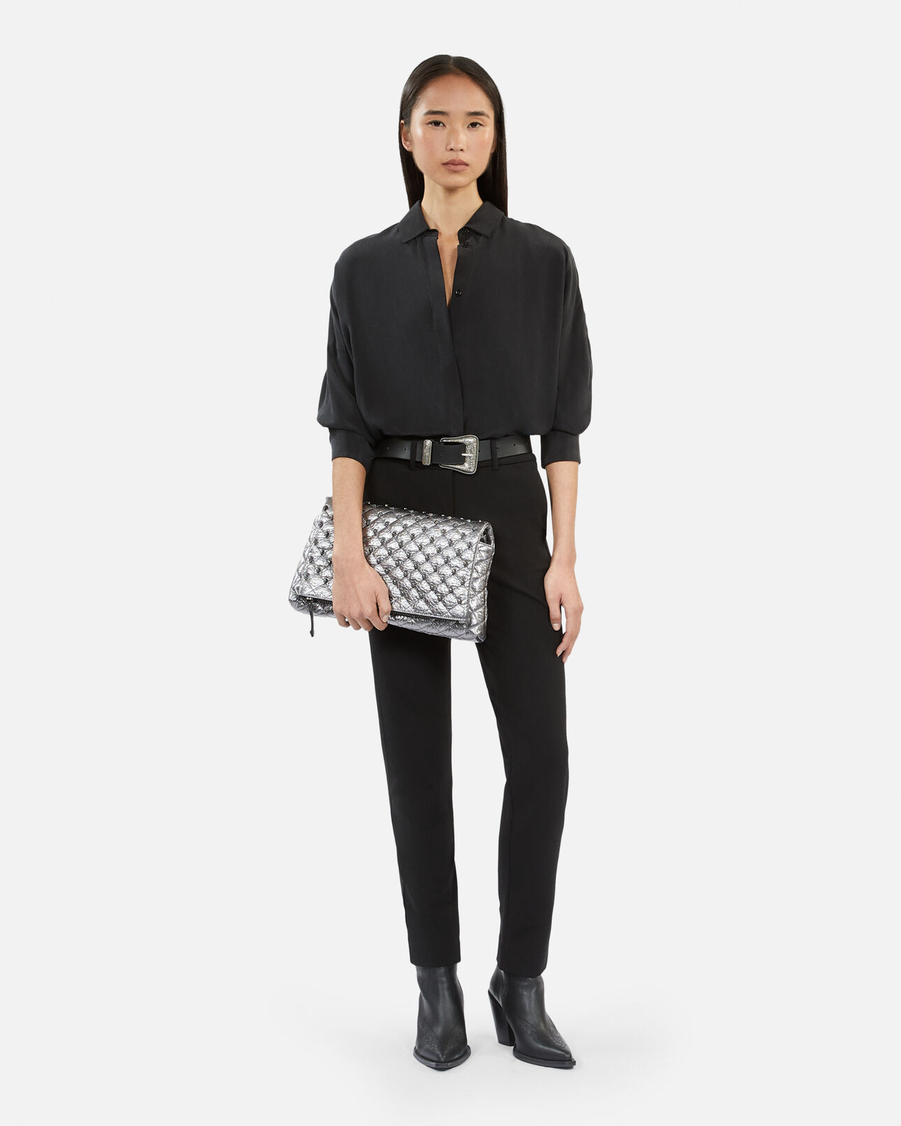 The Kooples WOMEN GUN METAL medium heritage clutch in gunmetal leather
