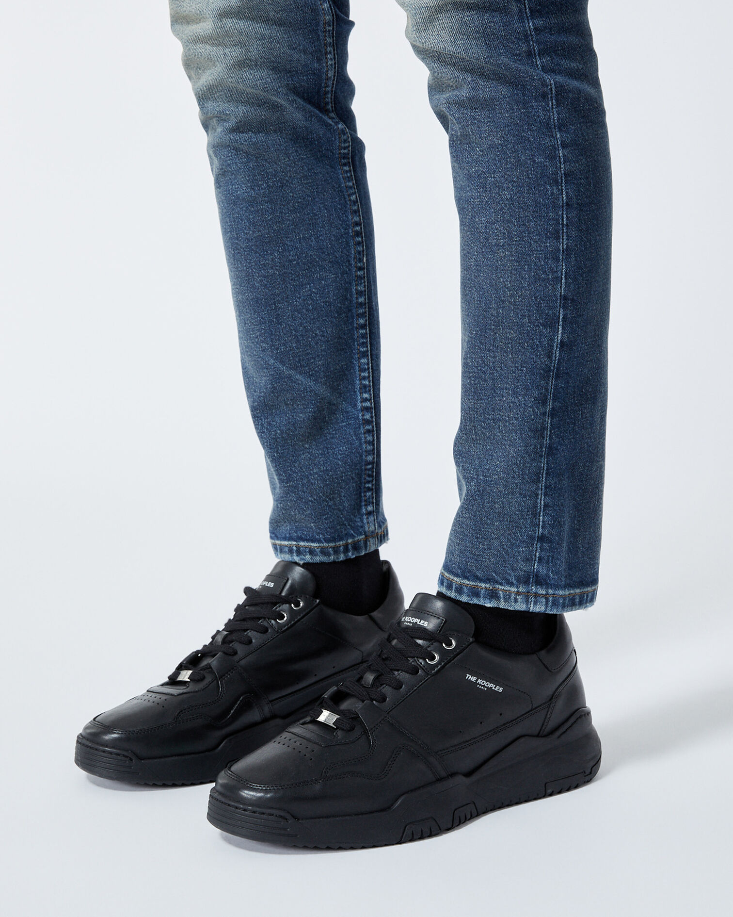 Black leather sneakers with cut-outs, BLACK, hi-res image number null