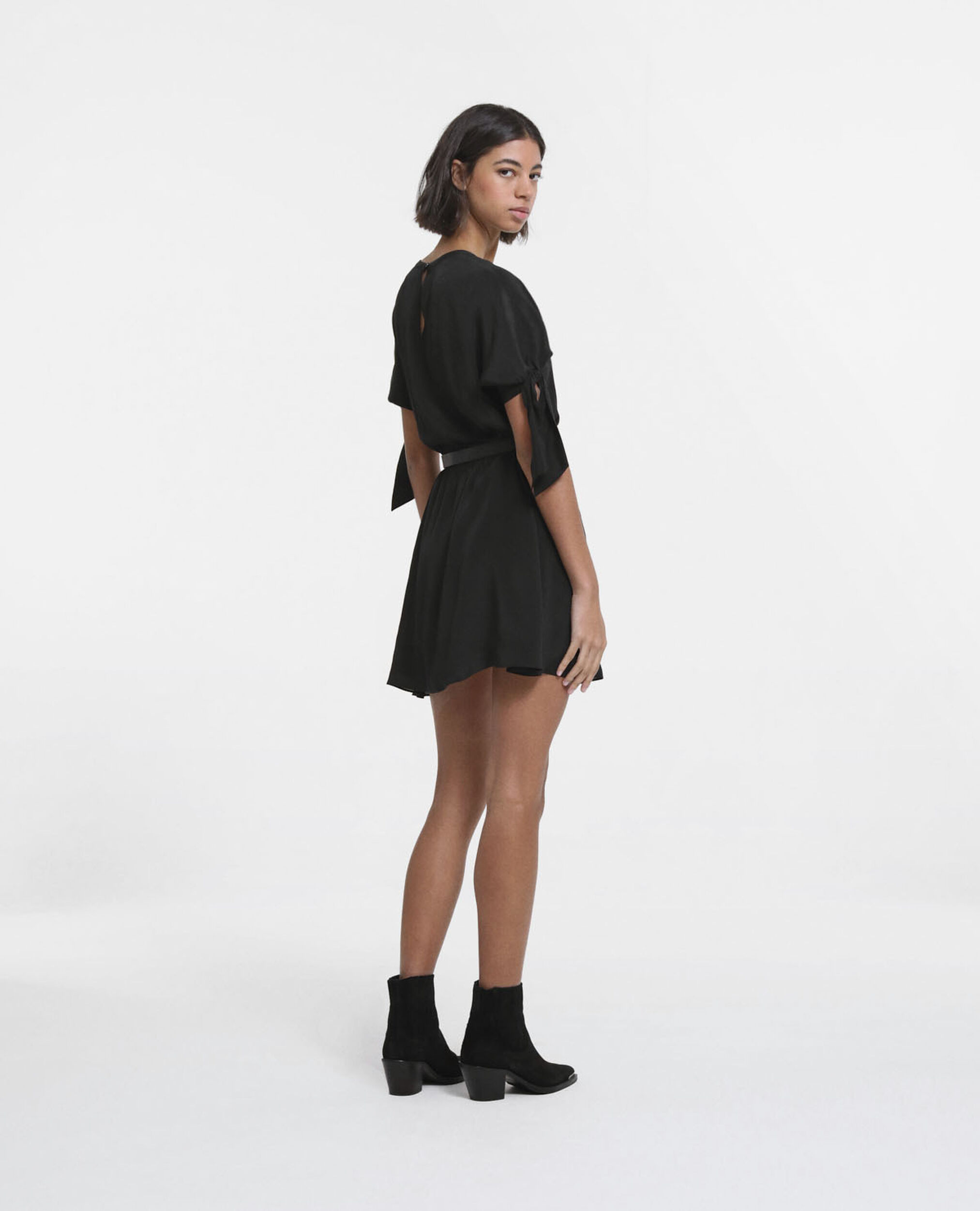 Short black dress with knotted short sleeves, BLACK, hi-res image number null