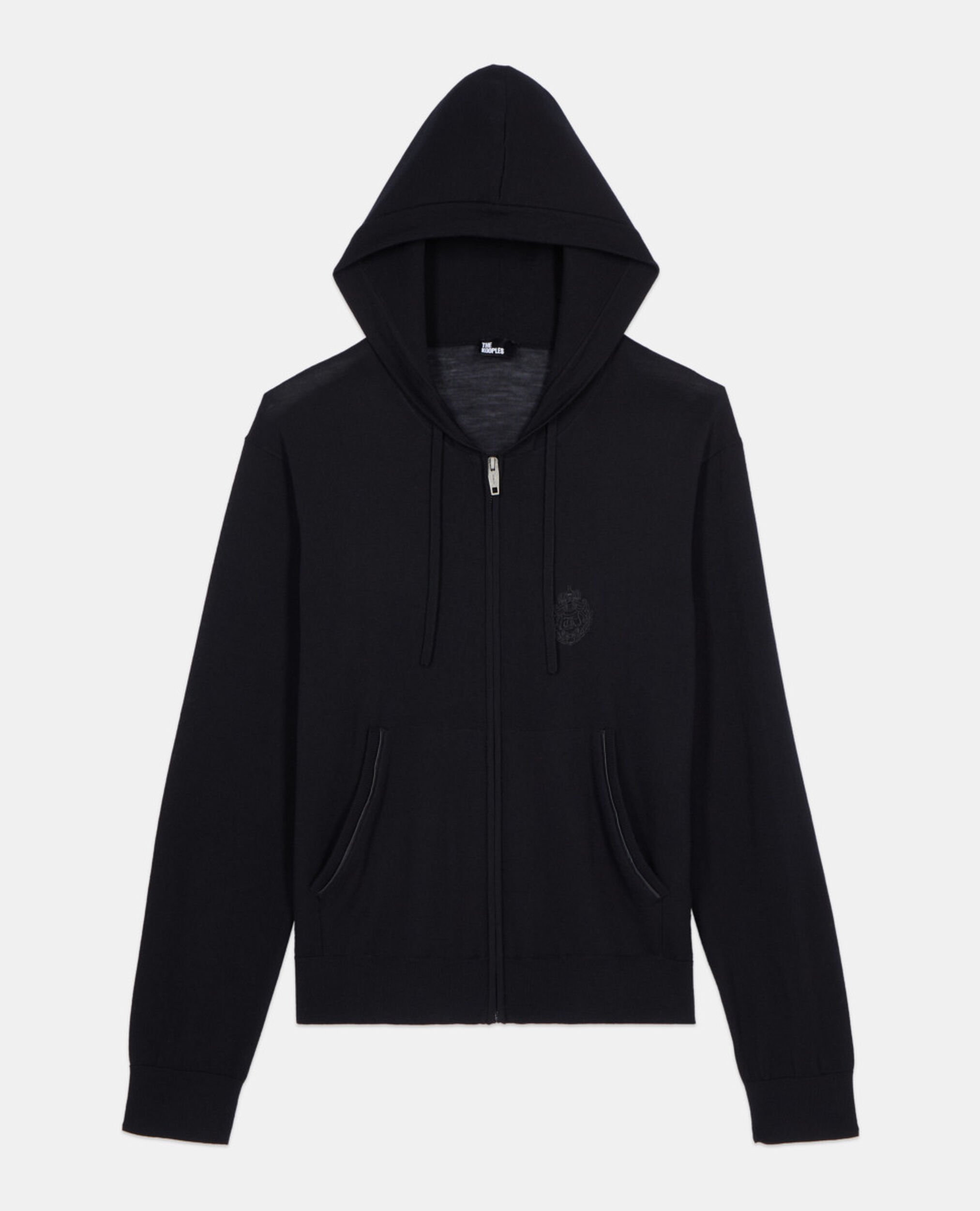 Black wool hooded cardigan, BLACK, hi-res image number null