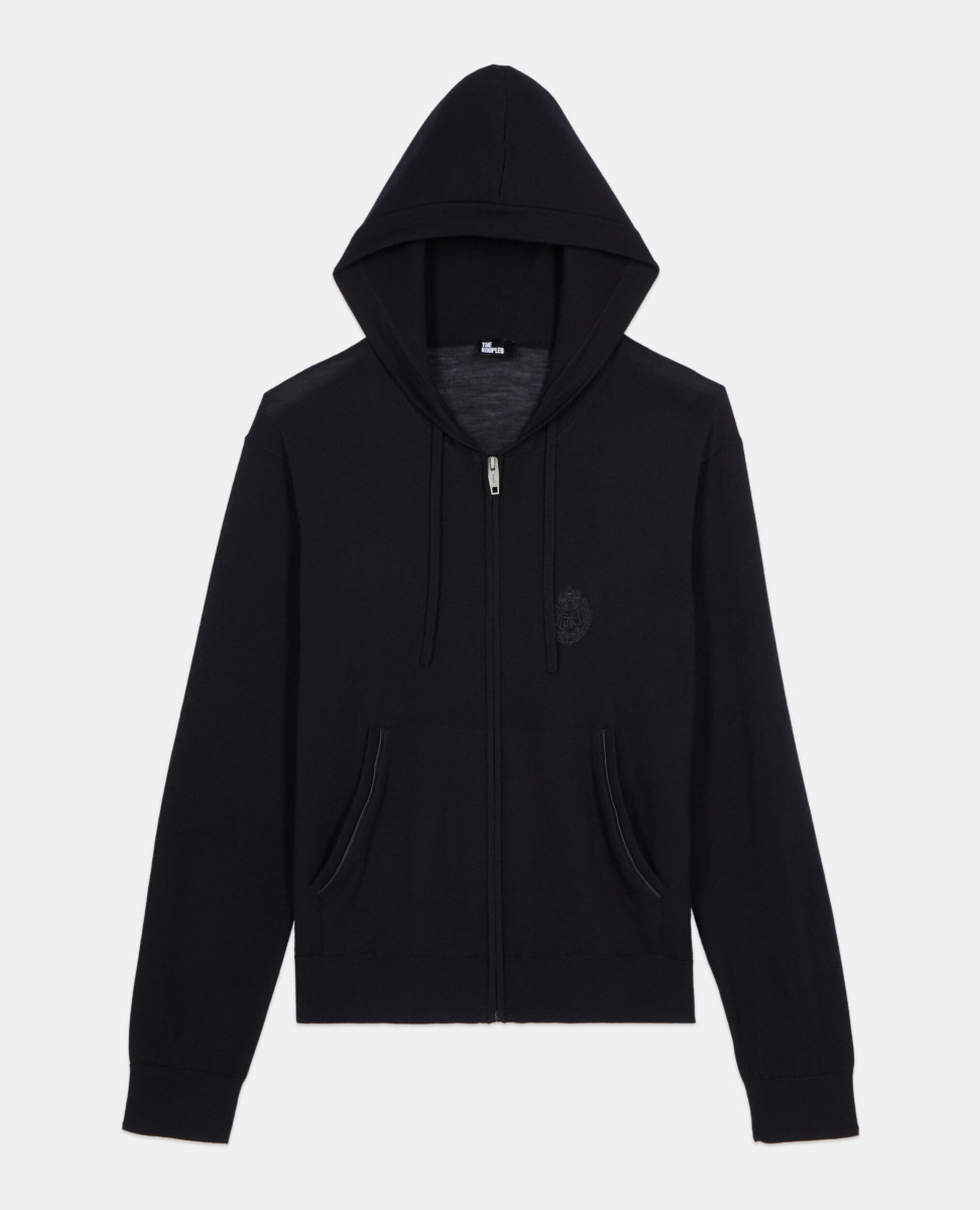 Black wool hooded cardigan, BLACK, hi-res image number null
