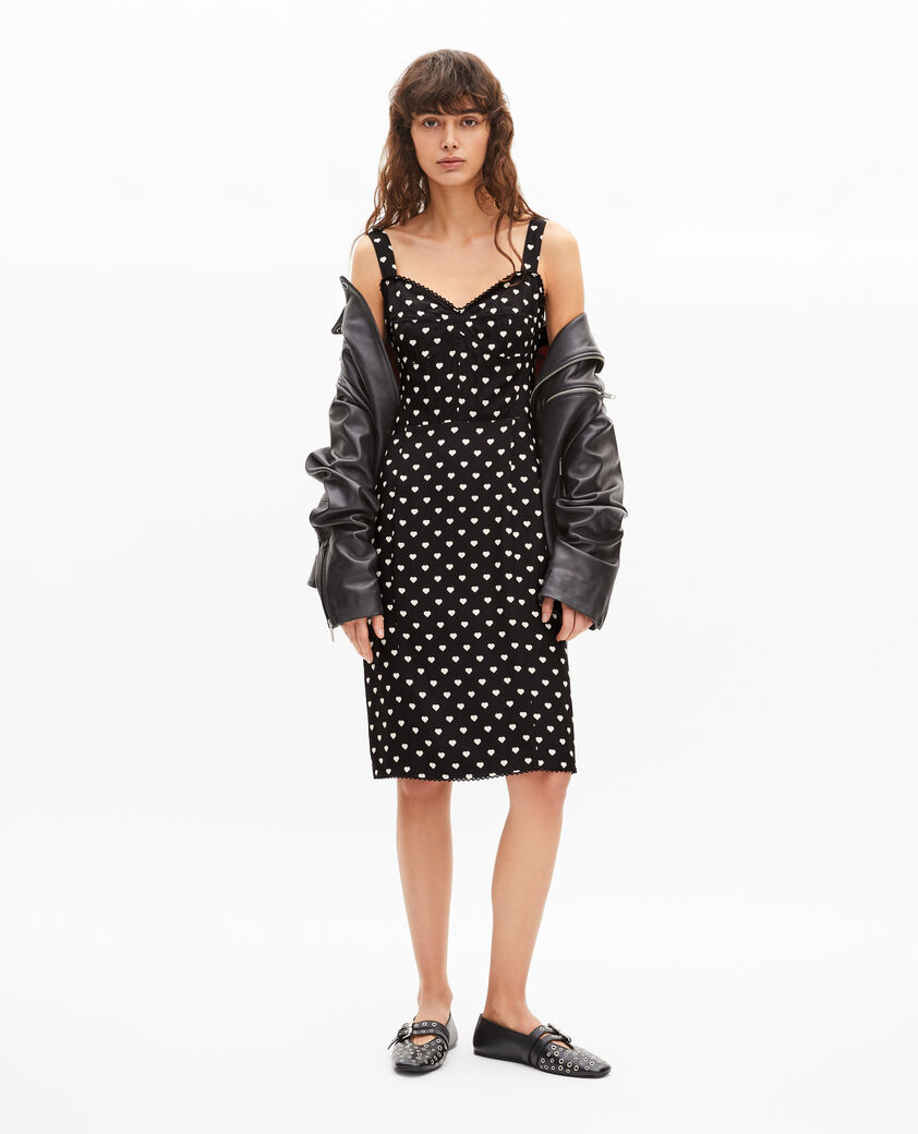 The Kooples FEMME BLACK WHITE robe courte effet corset imprim&eacute; c&oelig;urs noire