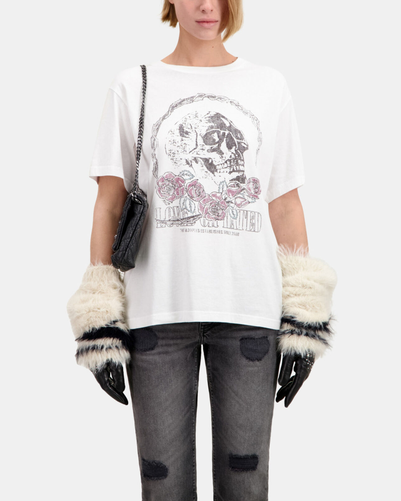 The Kooples DAMEN WHITE weißes t-shirt mit vintage-skull-siebdruck