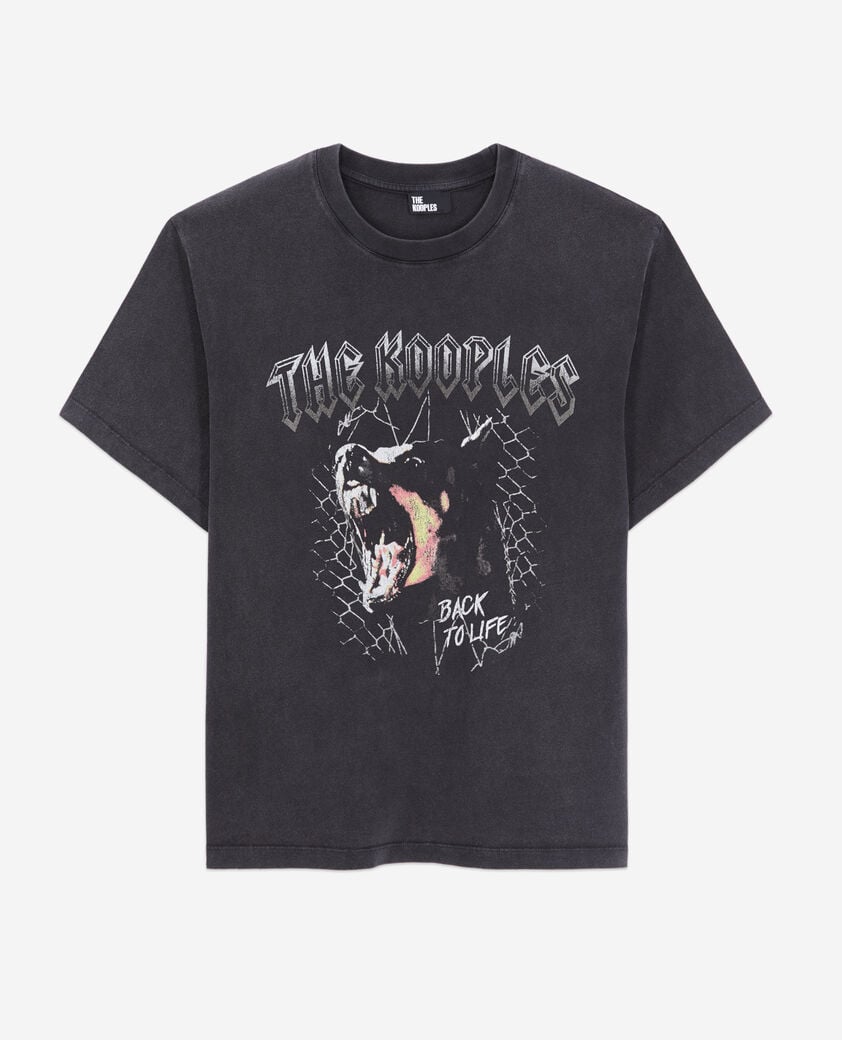 The Kooples DAMEN BLACK WASHED schwarzes t-shirt damen mit barking-dog-siebdruck
