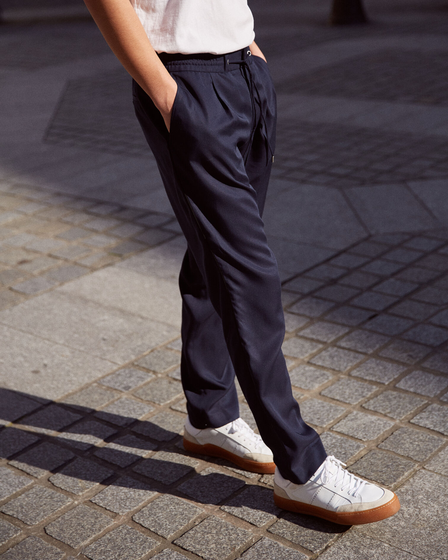 Navy blue cotton twill trousers with woven beige piping, NAVY, hi-res image number null