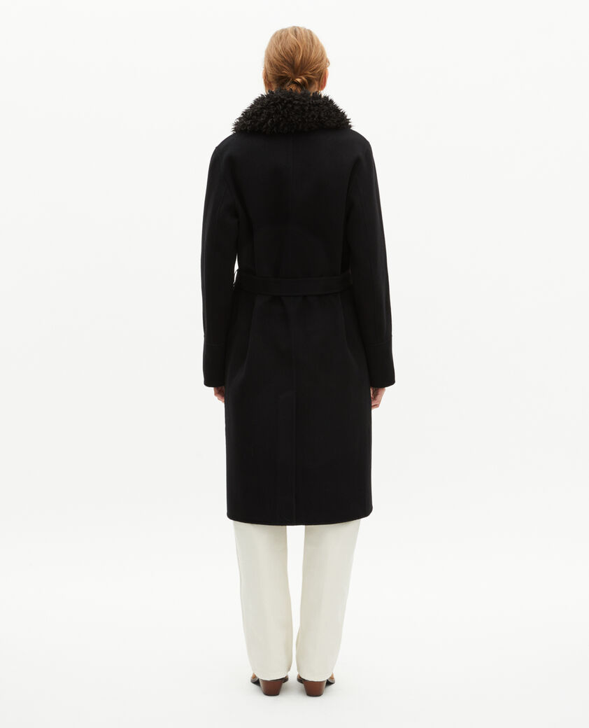 The Kooples WOMEN BLACK long double-sided wool coat with black sherpa collar