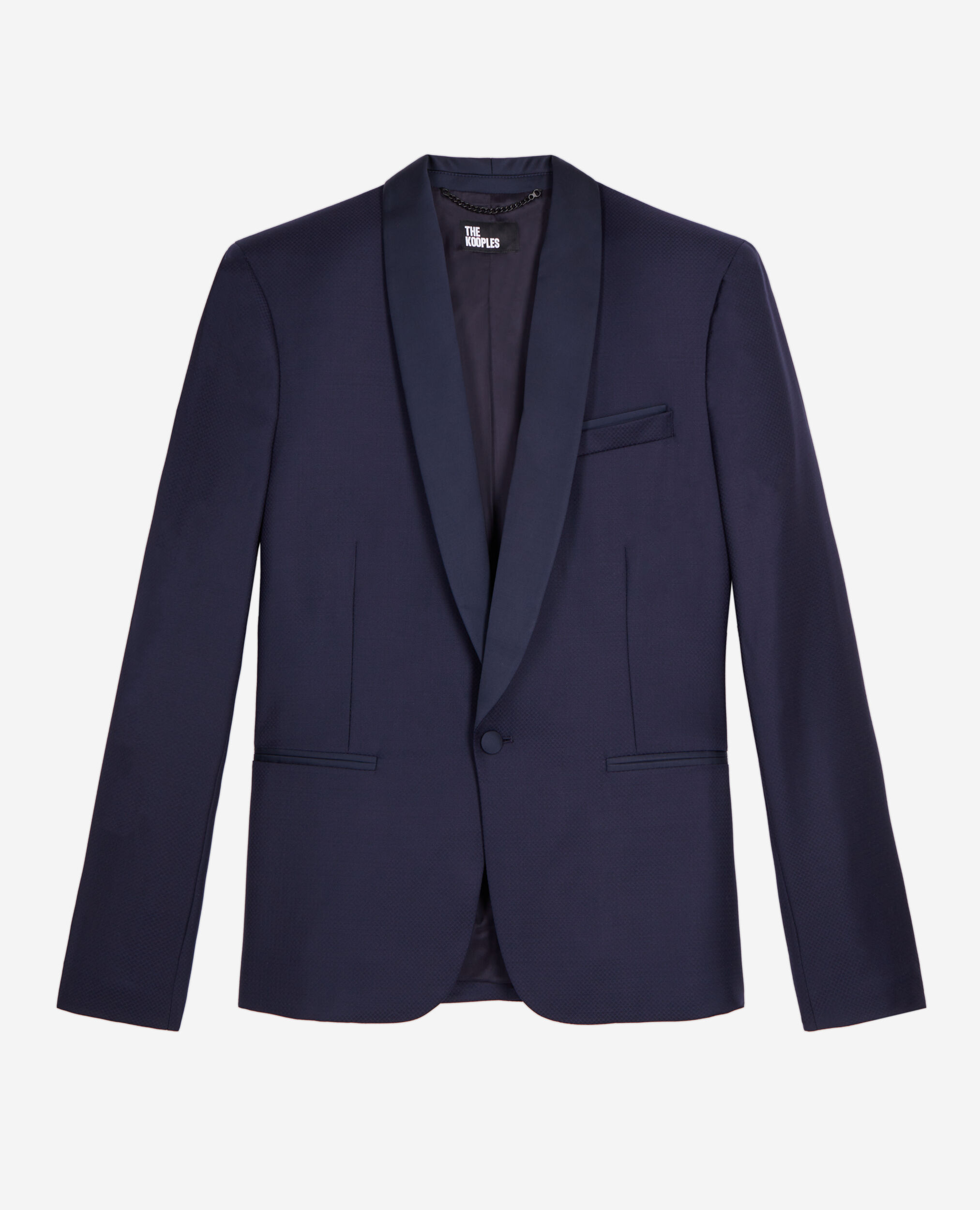 Navy blue wool tuxedo fitted jacket, NAVY, hi-res image number null