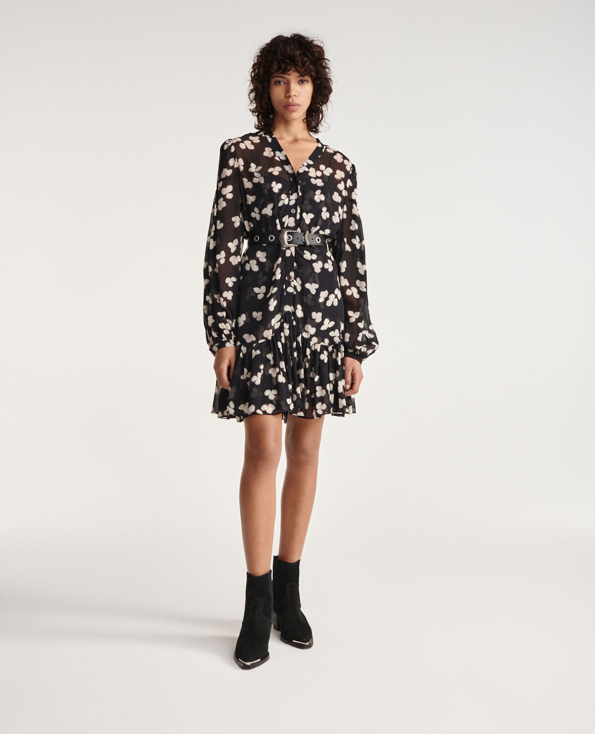 Black short floral print dress with belt The Kooples