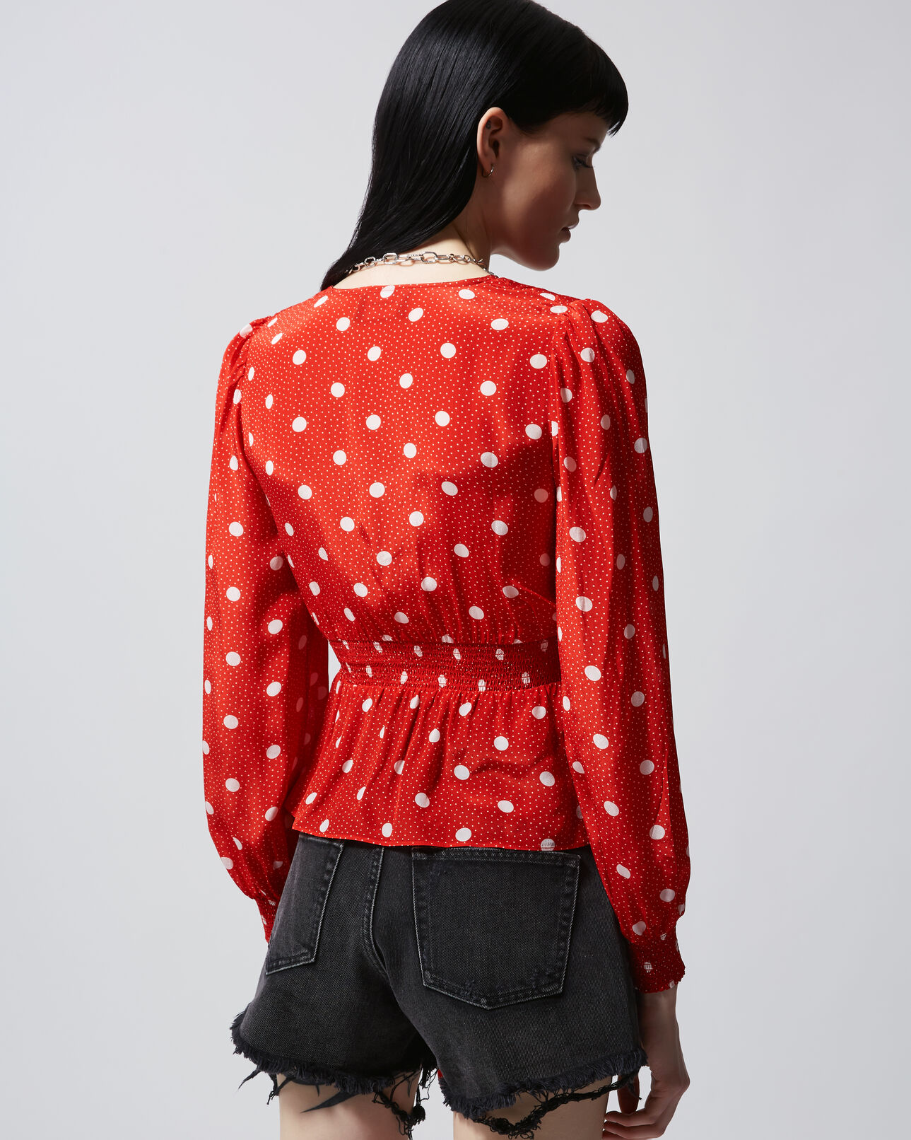 The Kooples FEMME RED / ECRU top rouge imprimé pois écru à smocks