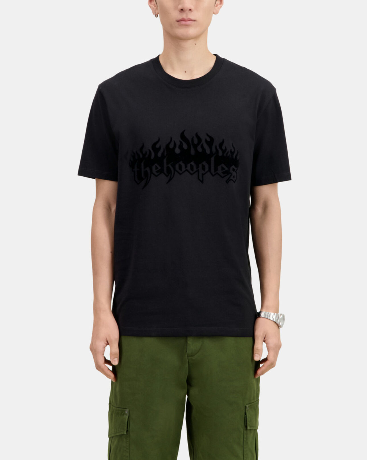 The Kooples HOMME BLACK t-shirt homme noir avec flocage kooples on fire en velours