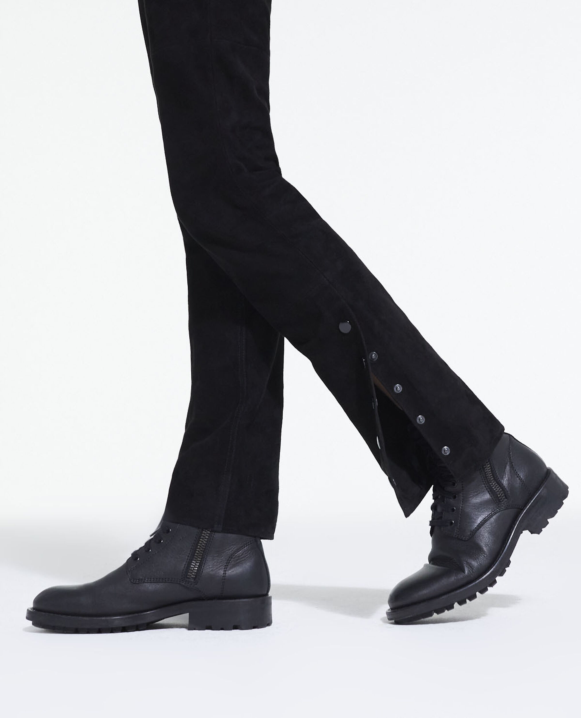 Black suede leather straight-cut pants, BLACK, hi-res image number null