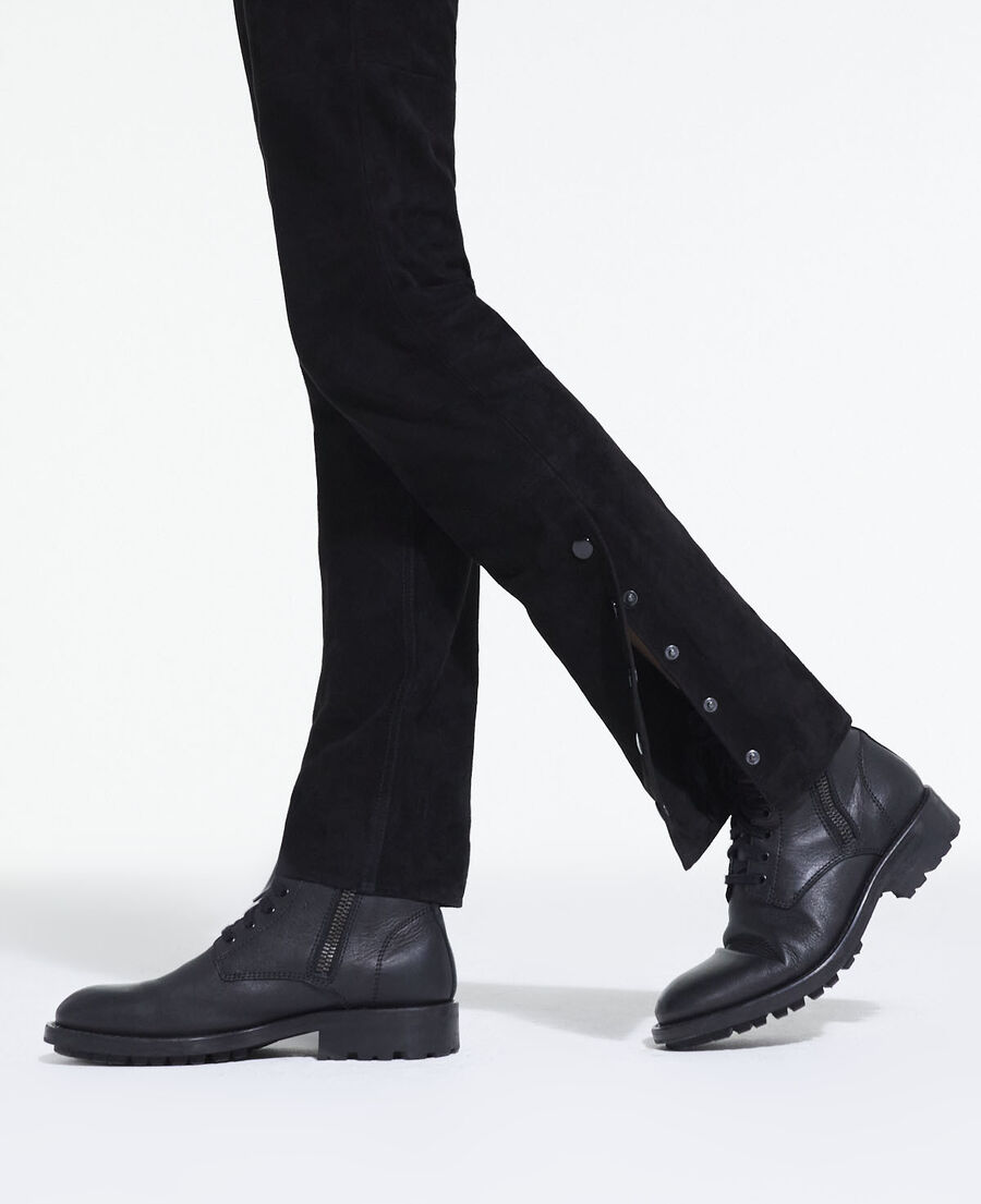black suede leather straight-cut pants