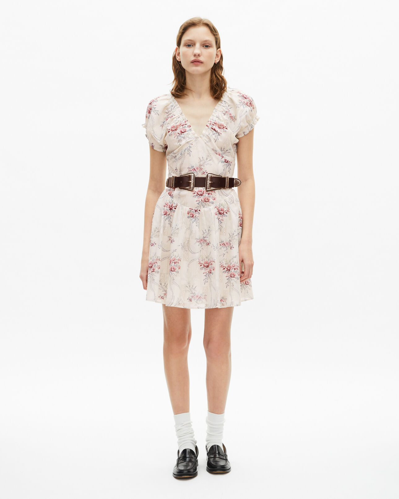 The Kooples DAMEN OFF WHITE / PINK kurzes weißes kleid mit blumenmuster