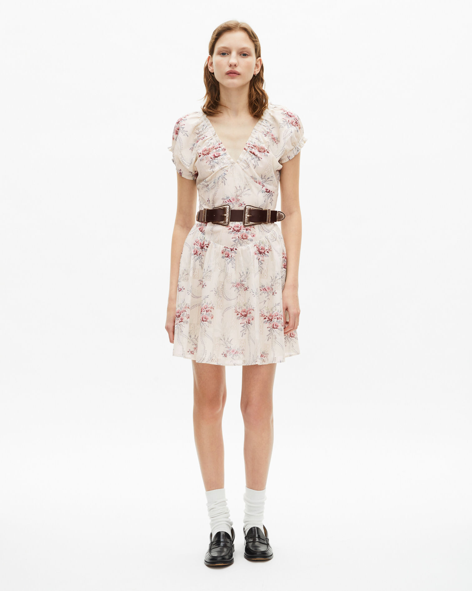 Kurzes weißes Kleid mit Blumenmuster, OFF WHITE / PINK, hi-res image number null