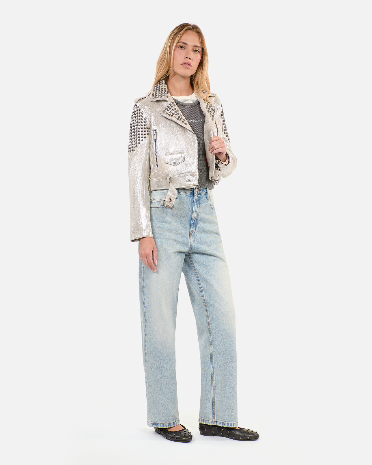 The Kooples F 52 ARGENT VIEILLI CORNE studded silver leather jacket