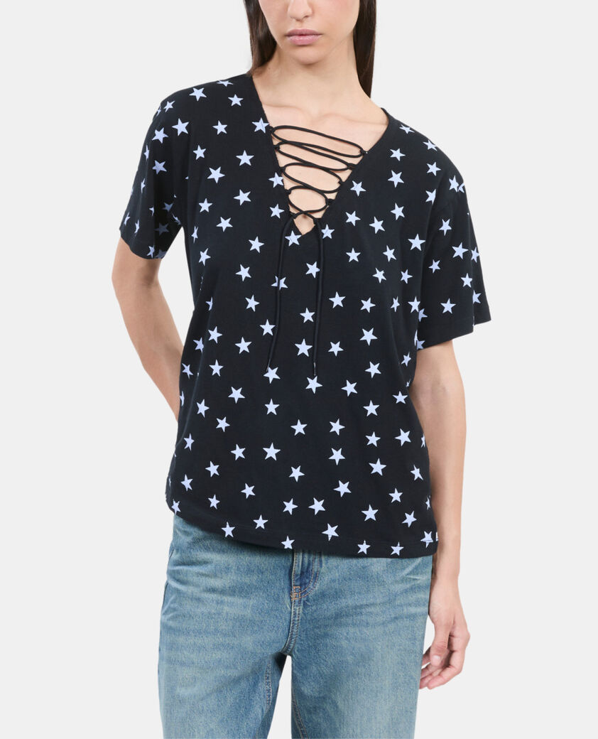 The Kooples DAMEN BLACK WASHED schwarzes t-shirt mit sterne-print
