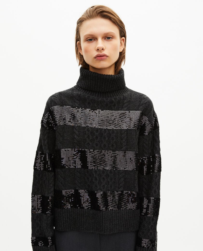 The Kooples F BLACK dark grey turtleneck sweater with sequin stripes